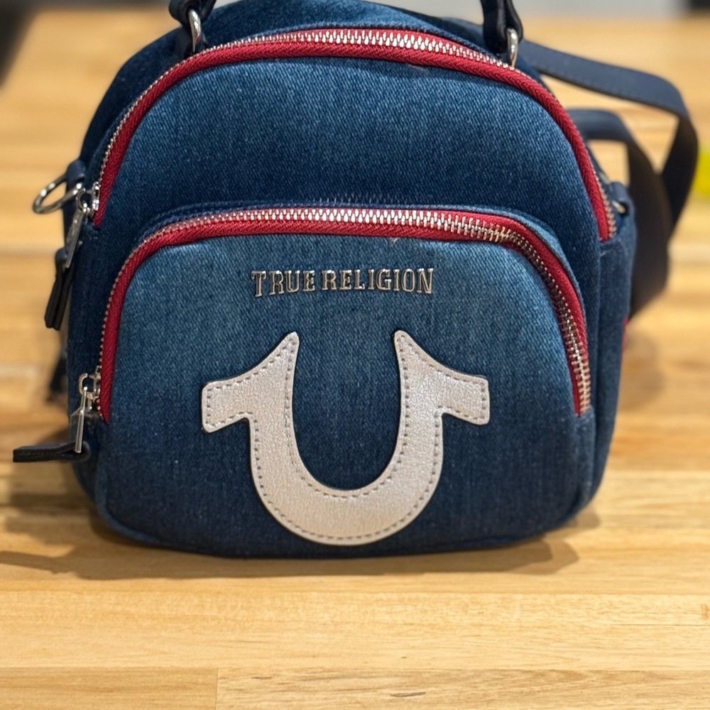 True Religion Blue Denim Crossbody with Red Accents
